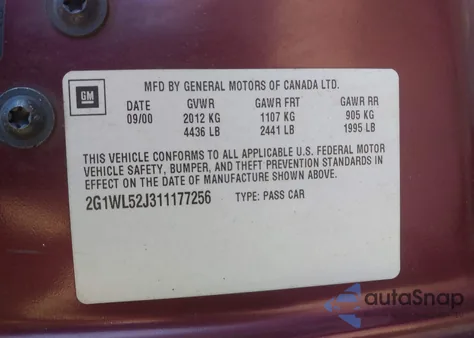 2001 Chevrolet Lumina from USA, damaged, VIN 2G1WL52J311177256